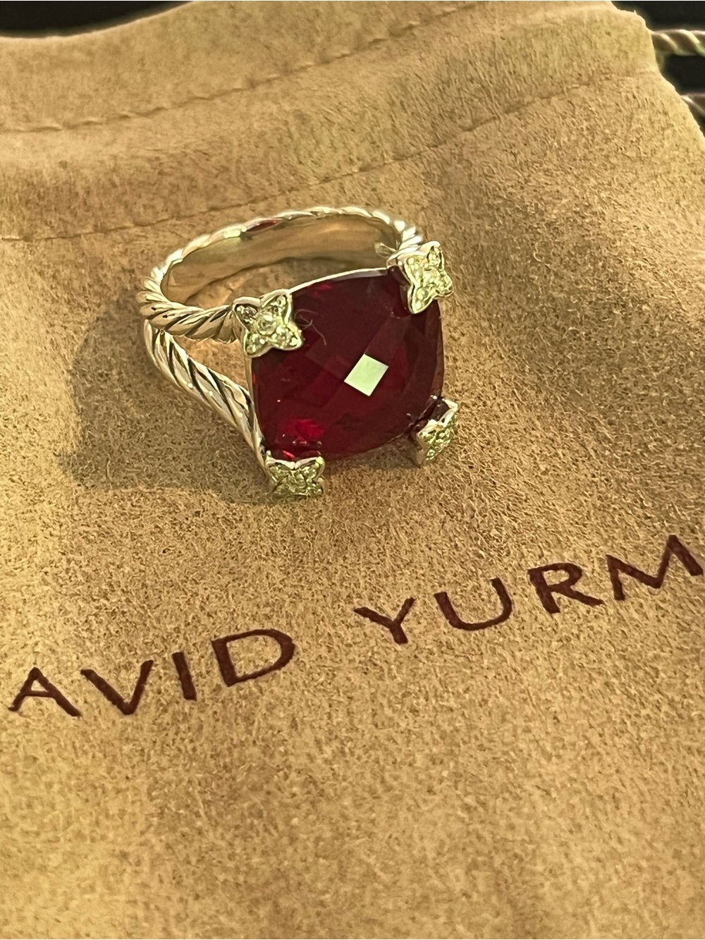 David Yurman 14mm Garnet Cushion On Point Ring size 7.25